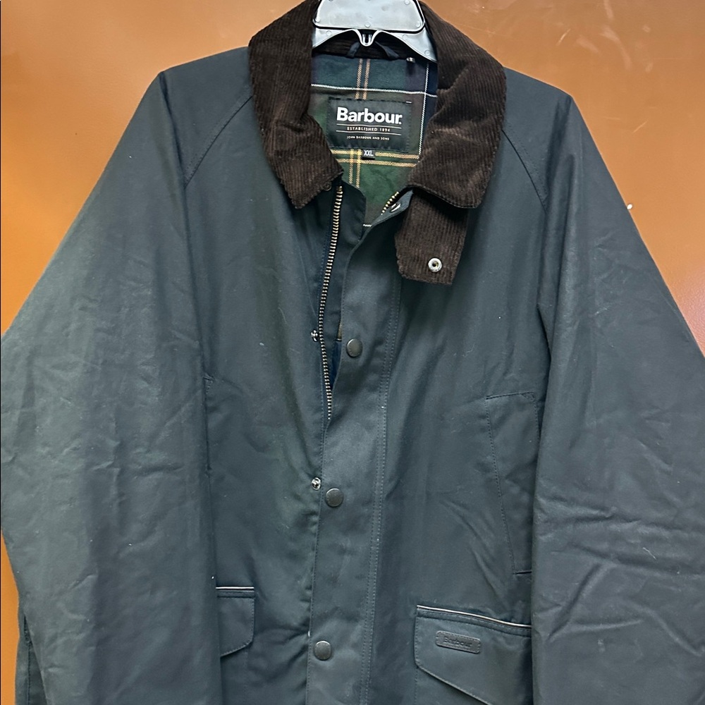 Barbour Dark Green Waxed Cotton Field Jacket with Brown Corduroy Collar